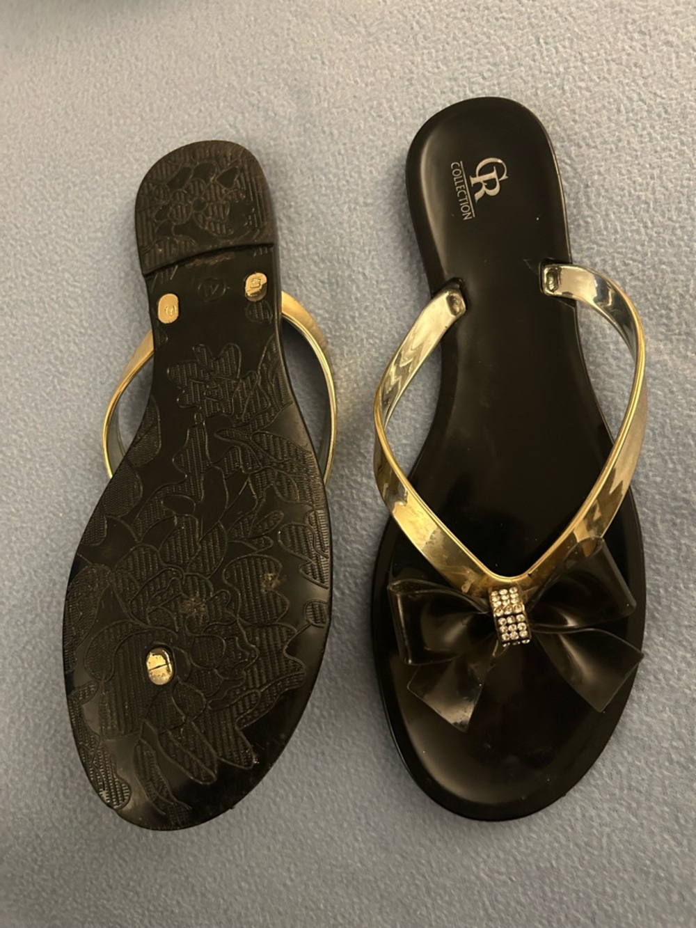 CR Collection Black Jelly Sandals with Gold Straps & rhinestones - Picture 11 of 16